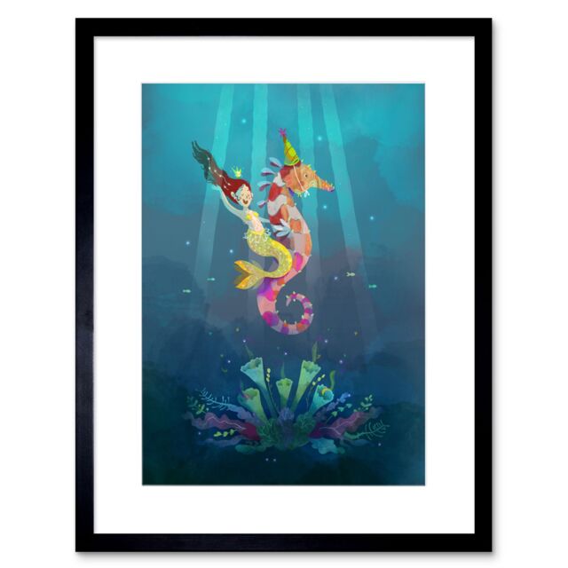 "Artery8 Wall Art Print Mermaid Seahorse Yellow Framed Art in Black - Size: W7"" x H9""" - image 1