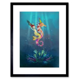 "Artery8 Wall Art Print Mermaid Seahorse Yellow Framed Art in Black - Size: W7"" x H9""" - thumbnail 1