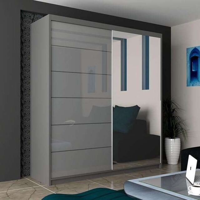 Sliding Wardrobes 4U High Gloss Double Sliding Wardrobe with LED Light W 200 x H 217 x D 62 in Grey - image 1