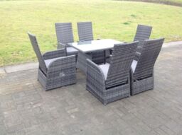 Fimous Oblong Table Adjustable Reclining Chair Rattan Dining Set Garden Furniture Table & Chair Set 6 Chairs in Dark Grey