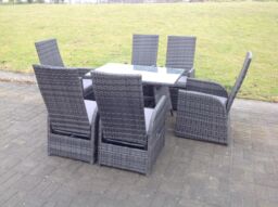 Fimous Oblong Table Adjustable Reclining Chair Rattan Dining Set Garden Furniture Table & Chair Set 6 Chairs in Dark Grey - thumbnail 3