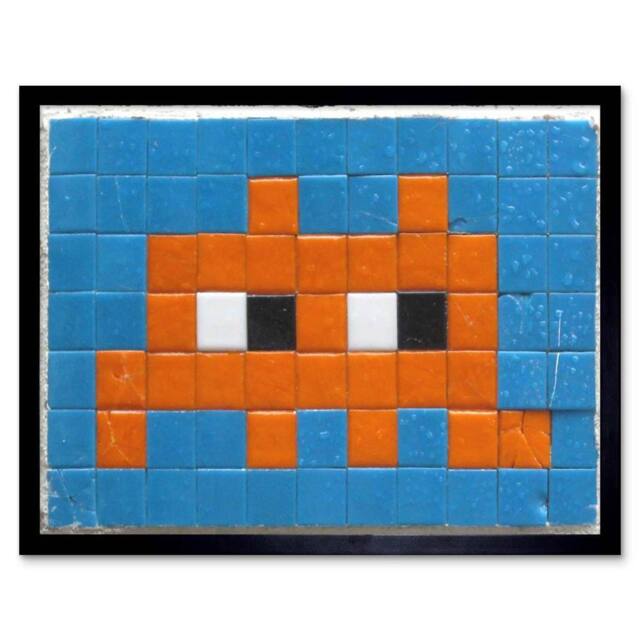 "Artery8 Pixel Monster Space Vader Orange Tiles 12x16"" Framed Art Print in Blue - Size: W12"" x H16""" - image 1