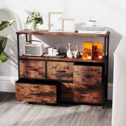 Gymax 5-Drawer Dresser for Bedroom Chest of Drawers With Open Shelves in Brown - thumbnail 7