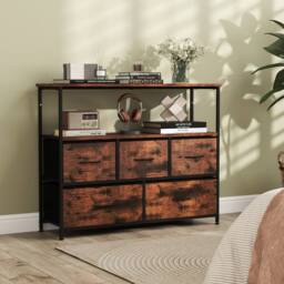 Gymax 5-Drawer Dresser for Bedroom Chest of Drawers With Open Shelves in Brown - thumbnail 9