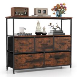 Gymax 5-Drawer Dresser for Bedroom Chest of Drawers With Open Shelves in Brown - thumbnail 1