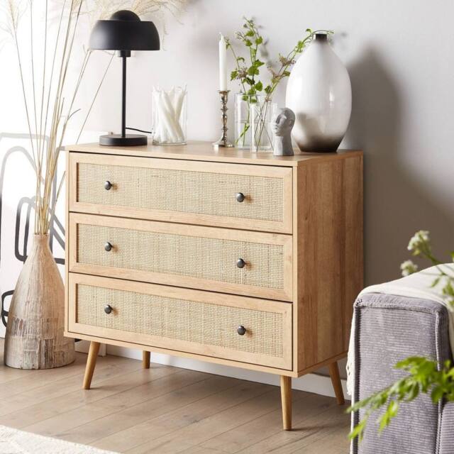 Wyld and Coco Ponca 3-Drawer Chest - Rattan Front Pine Legs Light Brown 90 x 79 cm - image 1