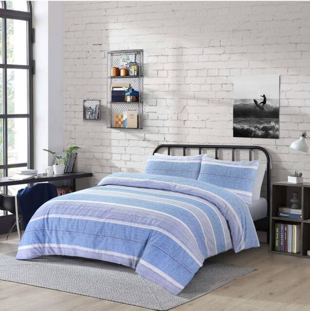 Homes-Linen Duvet Cover Set Stripes Reversible in Blue - Size: Single - image 1