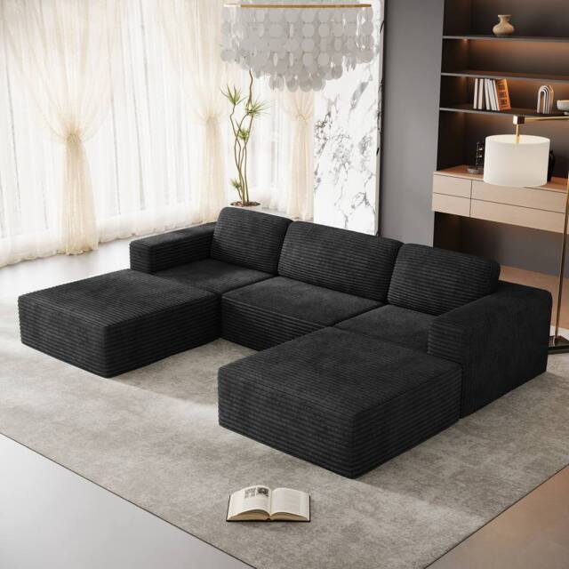 Dprodo Corduroy Modular Sofa, 303CM U Shape Couch, 25V9 in Black - image 1