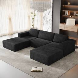 Dprodo Corduroy Modular Sofa, 303CM U Shape Couch, 25V9 in Black
