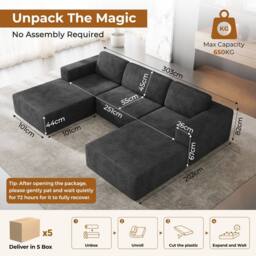 Dprodo Corduroy Modular Sofa, 303CM U Shape Couch, 25V9 in Black - thumbnail 2