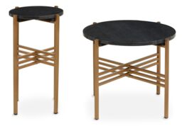 Orsina Set of 2 Round Black Marble Side Tables, Black Marble Tops on Gold‑Finish Tripod Iron Frames, Accent Tables in Gold