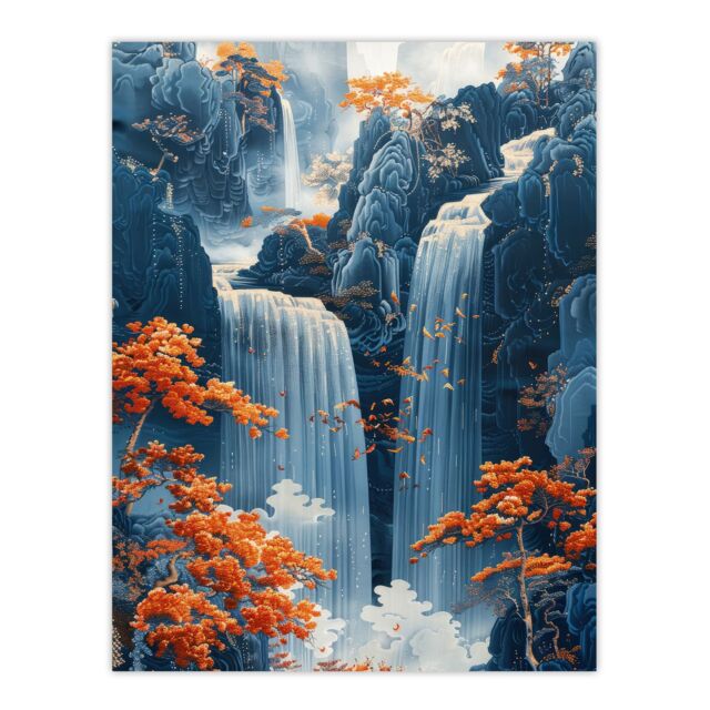"Artery8 Wall Art Print Chinese Style Waterfall Landscape Autumn Trees Poster in Blue - Size: W12"" x H16""" - image 1