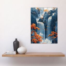 "Artery8 Wall Art Print Chinese Style Waterfall Landscape Autumn Trees Poster in Blue - Size: W12"" x H16""" - thumbnail 4