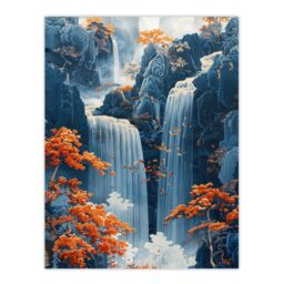 "Artery8 Wall Art Print Chinese Style Waterfall Landscape Autumn Trees Poster in Blue - Size: W12"" x H16""" - thumbnail 1