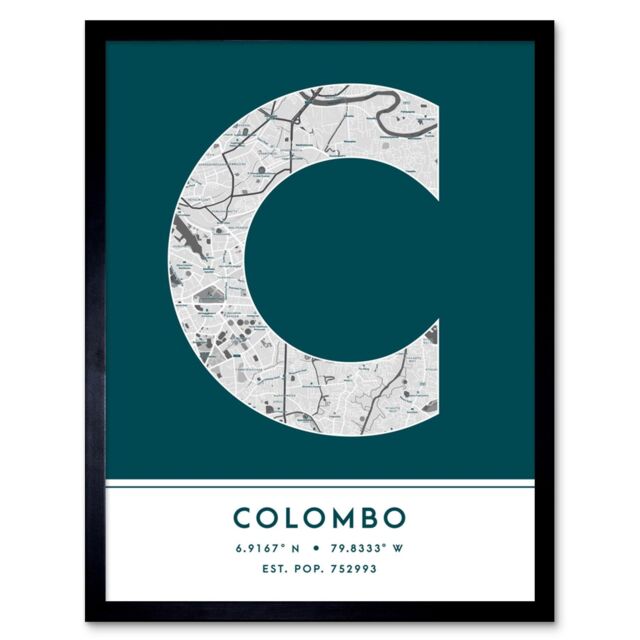"Wee Blue Coo Wall Art Print Colombo Sri Lanka City Map Modern Typography Stylish Letter Framed Word in Teal - Size: W12"" x H16""" - image 1