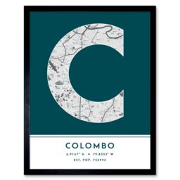 "Wee Blue Coo Wall Art Print Colombo Sri Lanka City Map Modern Typography Stylish Letter Framed Word in Teal - Size: W12"" x H16""" - thumbnail 1