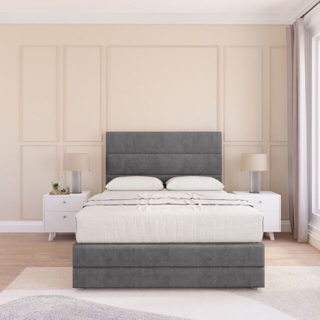 "Sloomy Monaco Plush Bed Set, No Drawers Mattress & 26"" Headboard in Dark Grey - Size: Double" - image 1