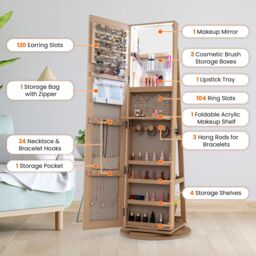 Costway 360° Rotating Jewelry Armoire Standing Jewelry & Makeup Cabinet in Natural - thumbnail 5