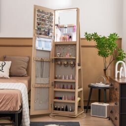 Costway 360° Rotating Jewelry Armoire Standing Jewelry & Makeup Cabinet in Natural - thumbnail 4