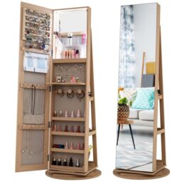 Costway 360° Rotating Jewelry Armoire Standing Jewelry & Makeup Cabinet in Natural - thumbnail 3