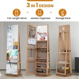 Costway 360° Rotating Jewelry Armoire Standing Jewelry & Makeup Cabinet in Natural - thumbnail 8