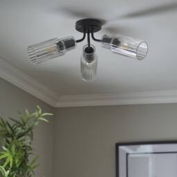 First Choice Lighting Portland - Matt Black with Clear Glass 3 Light Flush Ceiling Fitting - thumbnail 8