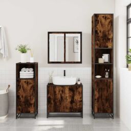 Berkfield Home 3 Piece Bathroom Furniture Set Smoked Oak Engineered Wood in Brown - thumbnail 3