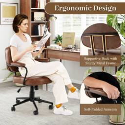 Costway Rolling Faux Leather Office Chair Modern Upholstered Task Chair in Brown - thumbnail 5