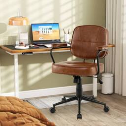 Costway Rolling Faux Leather Office Chair Modern Upholstered Task Chair in Brown