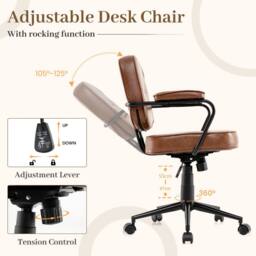 Costway Rolling Faux Leather Office Chair Modern Upholstered Task Chair in Brown - thumbnail 8