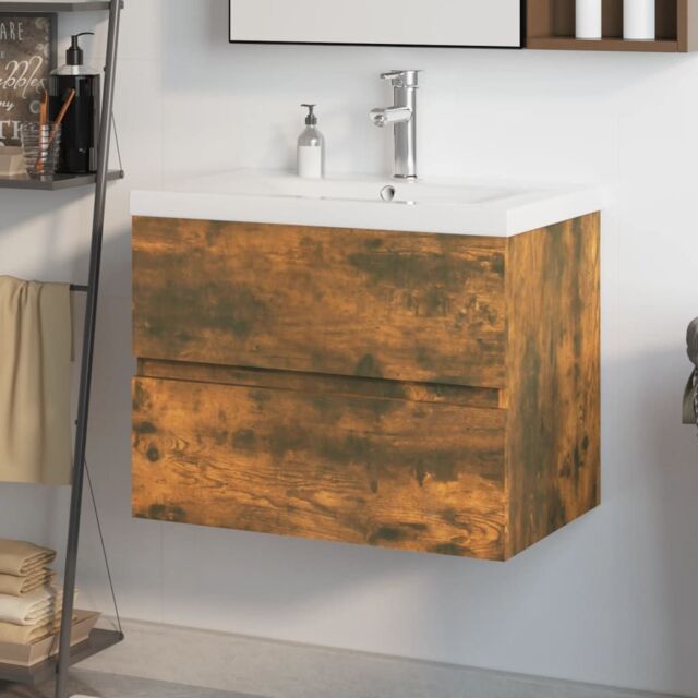Berkfield Home Sink Cabinet with Built-in Basin Smoked Oak Engineered Wood in Brown - image 1