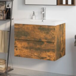 Berkfield Home Sink Cabinet with Built-in Basin Smoked Oak Engineered Wood in Brown - thumbnail 1