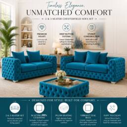 Stratus Interiors Ashley Scatter Back Chesterfield Fabric Sofa - 2&3 Seater Set in Teal - thumbnail 3