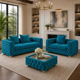 Stratus Interiors Ashley Scatter Back Chesterfield Fabric Sofa - 2&3 Seater Set in Teal - thumbnail 5