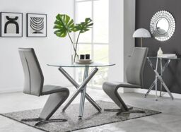 FurnitureboxUK Selina Round Glass & Chrome Metal Dining Table & Luxury Willow Chairs Set in Grey - Size: 2 Person