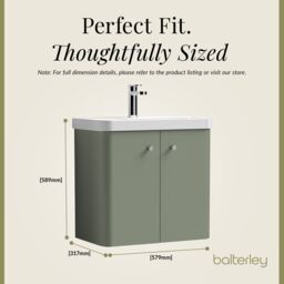 Balterley Modern Bathroom Wall Hung 2 Door Vanity Unit Basin, Satin Green, 605mm in Green - thumbnail 5