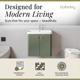 Balterley Modern Bathroom Wall Hung 2 Door Vanity Unit Basin, Satin Green, 605mm in Green - thumbnail 3