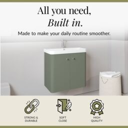 Balterley Modern Bathroom Wall Hung 2 Door Vanity Unit Basin, Satin Green, 605mm in Green - thumbnail 2