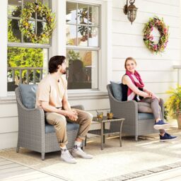 OUTSUNNY 2 Pieces Rattan Garden Chairs, Cushioned Rattan Chairs, Light Grey - Size: 2 Pack - thumbnail 1