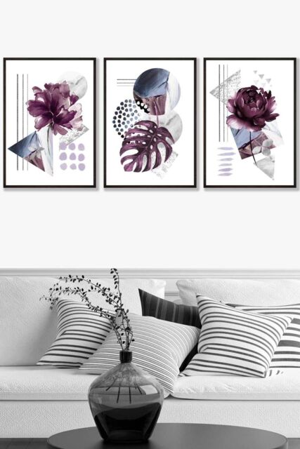 ARTZE Set of 3 Black Framed Abstract Purple & Silver Botanical Wall Art - Size: W45 cm x H62 cm x D20mm - image 1