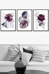 ARTZE Set of 3 Black Framed Abstract Purple & Silver Botanical Wall Art - Size: W45 cm x H62 cm x D20mm - thumbnail 1