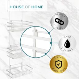 House of Home Shower Caddy 3 Tier Bathroom Over The Door Storage Organiser Hanging Basket With Shelving in White - thumbnail 6