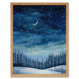 "Artery8 Wall Art Print Clear Sky Starry Night in Forest Covered with Snow Oil Painting Crescent Moon Winter Landscape Art Framed - Size: W12"" x H16""" - thumbnail 1