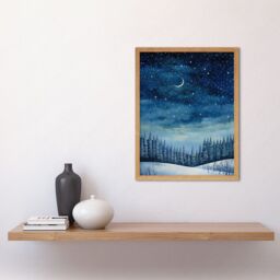 "Artery8 Wall Art Print Clear Sky Starry Night in Forest Covered with Snow Oil Painting Crescent Moon Winter Landscape Art Framed - Size: W12"" x H16""" - thumbnail 2
