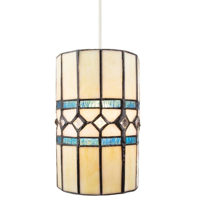 Happy Homewares Contemporary Amber Glass Tiffany Pendant Light Shade with Bright Teal Strips - image 1
