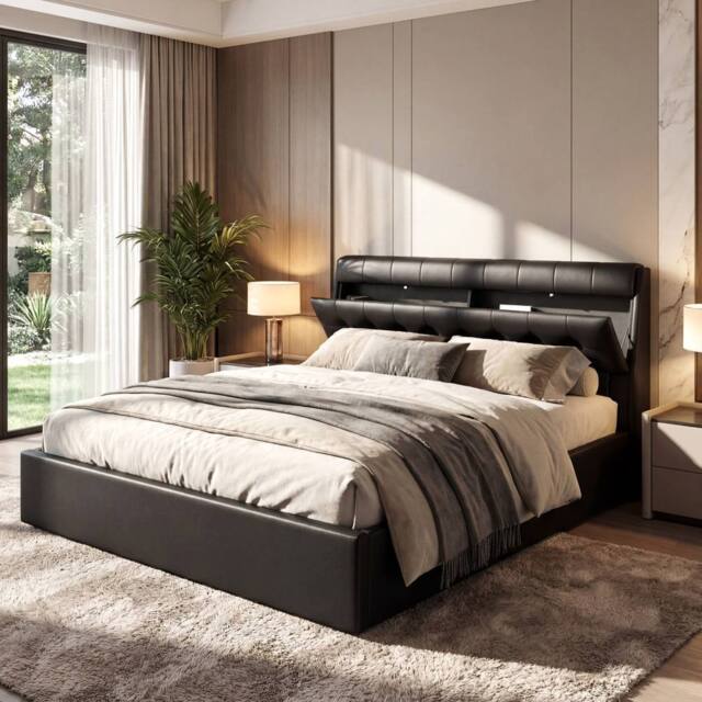 Merax 5ft King PU Upholstered Ottoman Storage Bed with Headboard Storage in Black - image 1