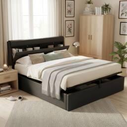 Merax 5ft King PU Upholstered Ottoman Storage Bed with Headboard Storage in Black - thumbnail 3