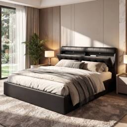 Merax 5ft King PU Upholstered Ottoman Storage Bed with Headboard Storage in Black - thumbnail 1