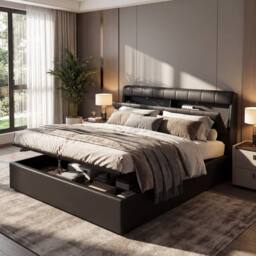 Merax 5ft King PU Upholstered Ottoman Storage Bed with Headboard Storage in Black - thumbnail 2