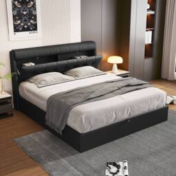 Merax 5ft King PU Upholstered Ottoman Storage Bed with Headboard Storage in Black - thumbnail 4